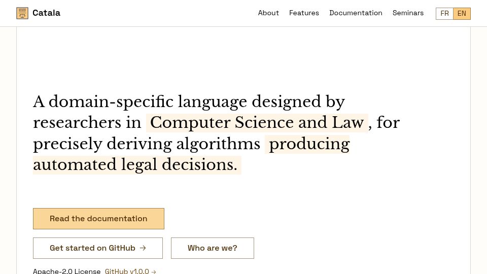 Screenshot of catala-lang.org: Catala – Law to Code