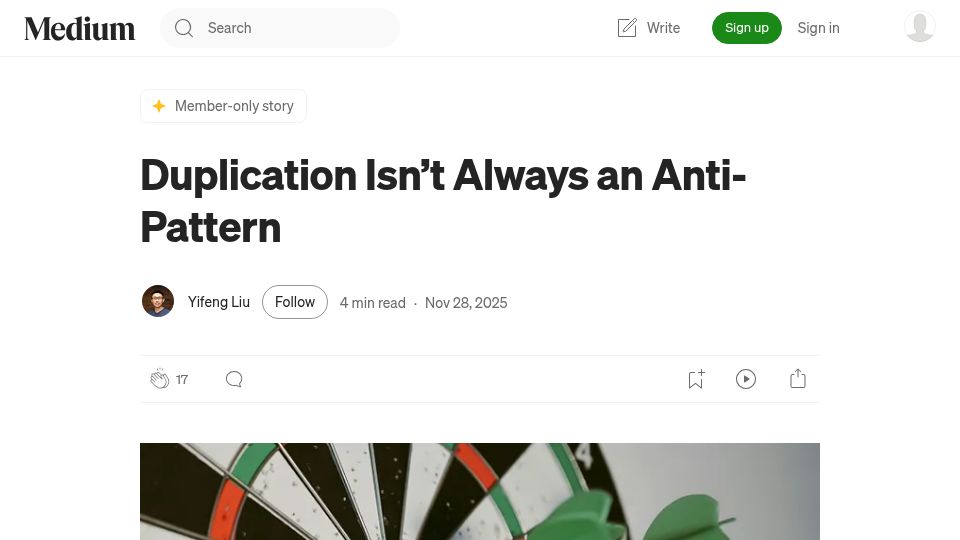 Screenshot of medium.com: Duplication Isn't Always an Anti-Pattern