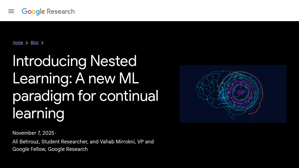 Screenshot of research.google: Nested Learning: A new ML paradigm for continual learning