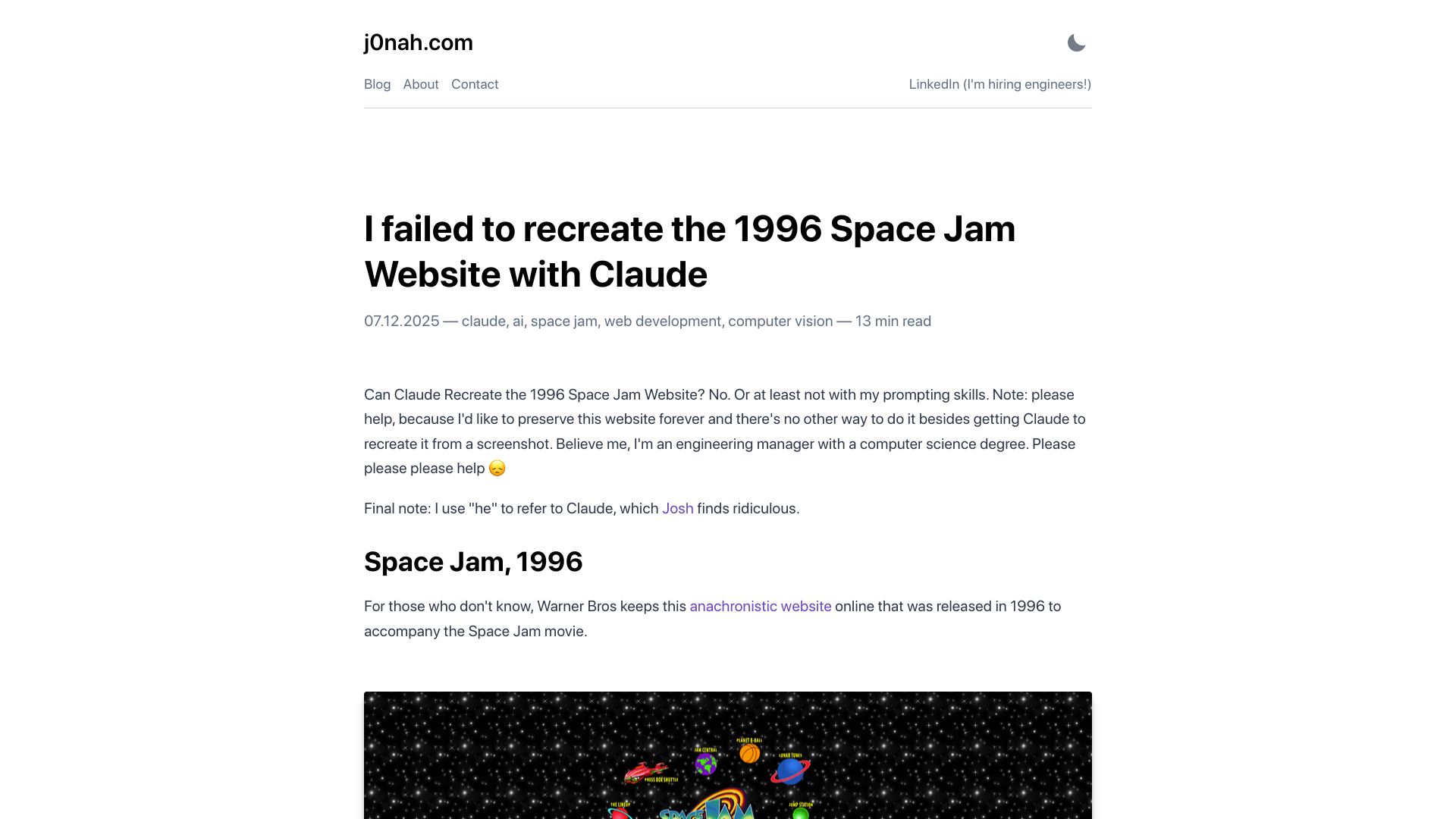 Screenshot of j0nah.com: I failed to recreate the 1996 Space Jam website with Claude