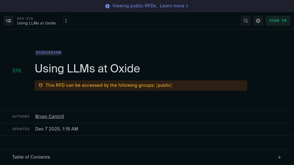 Screenshot of rfd.shared.oxide.computer: Using LLMs at Oxide