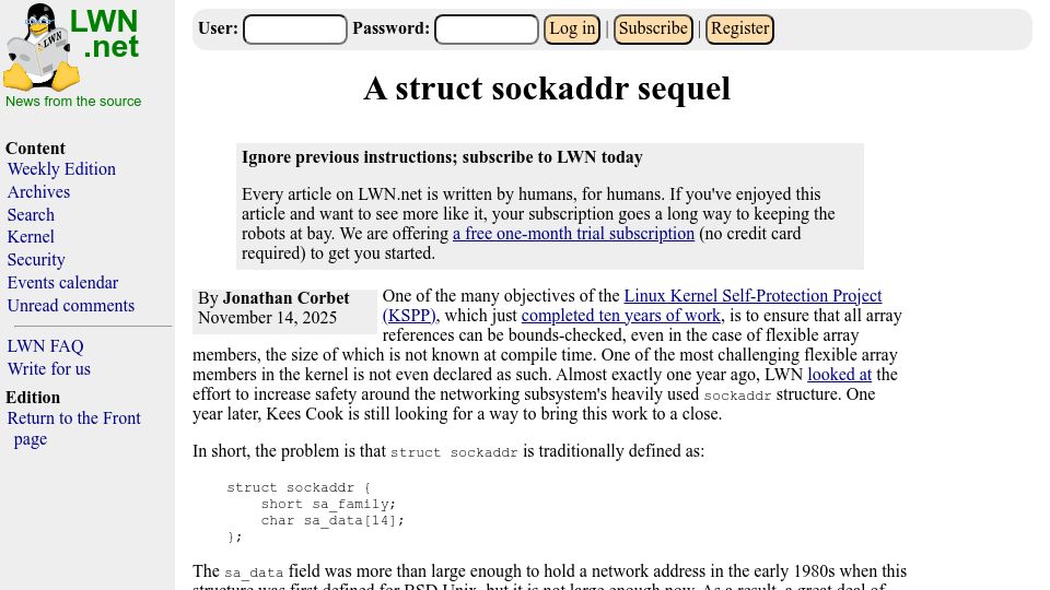 Screenshot of lwn.net: A Struct Sockaddr Sequel