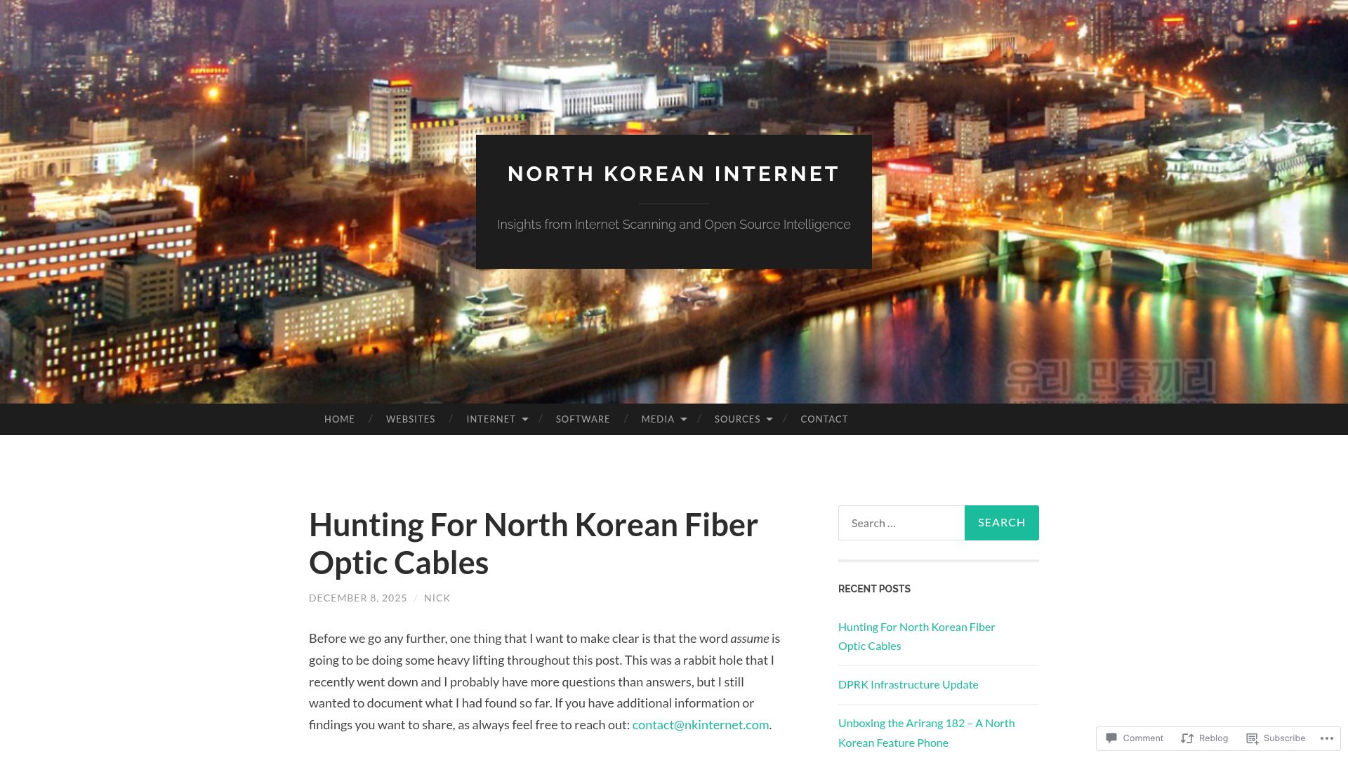 Screenshot of nkinternet.com: Hunting for North Korean Fiber Optic Cables