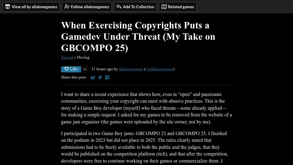 Screenshot of allalonegamez.itch.io: When exercising copyrights puts a gamedev under threat: My take on GBCOMPO 25