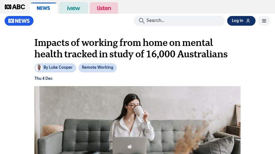 Screenshot of abc.net.au: Impacts of working from home on mental health tracked in study of Australians