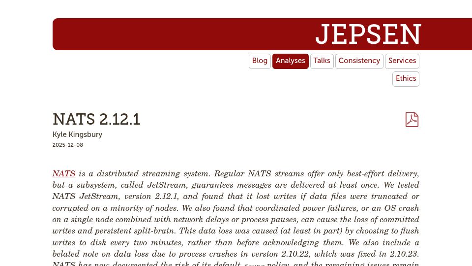 Screenshot of jepsen.io: Jepsen: NATS 2.12.1