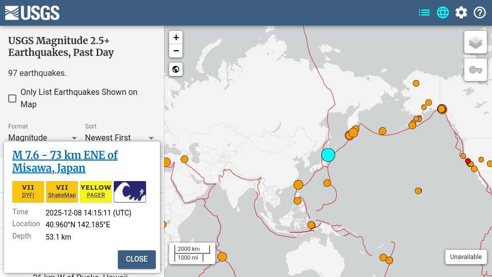 Screenshot of earthquake.usgs.gov: Tsunami warning issued after 7.6-magnitude earthquake strikes Japan