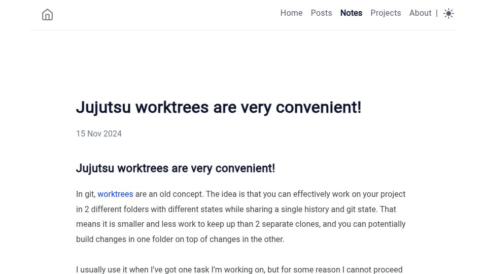 Screenshot of shaddy.dev: Jujutsu worktrees are convenient (2024)