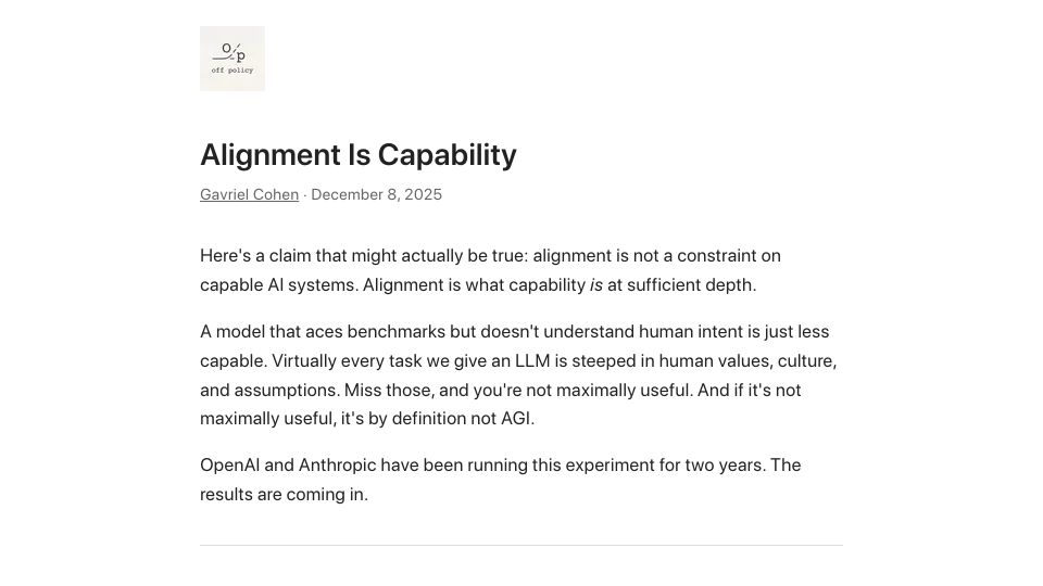 Screenshot of off-policy.com: Alignment is capability