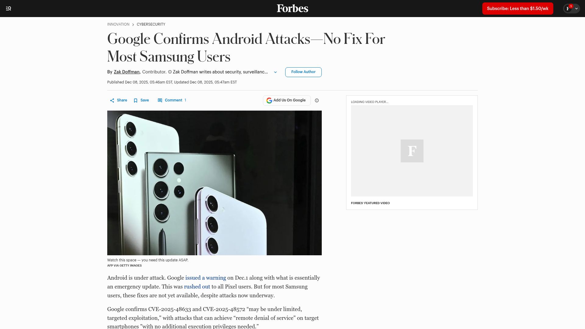 Screenshot of forbes.com: Google confirms Android attacks; no fix for most Samsung users