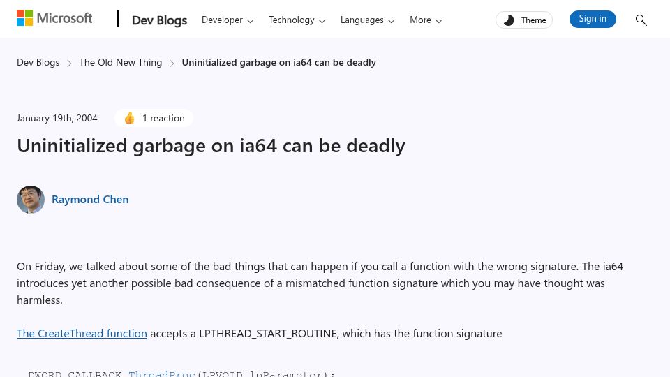 Screenshot of devblogs.microsoft.com: Uninitialized garbage on ia64 can be deadly (2004)