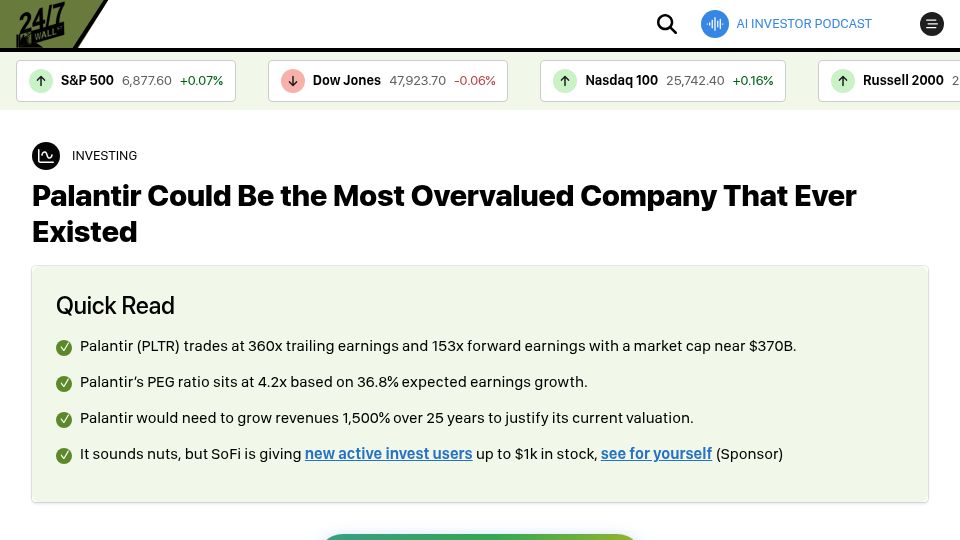 Screenshot of 247wallst.com: Palantir Could Be the Most Overvalued Company That Ever Existed