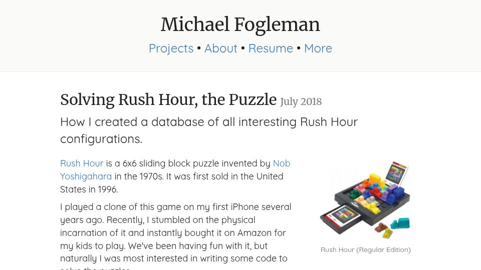 Screenshot of michaelfogleman.com: Solving Rush Hour, the Puzzle (2018)