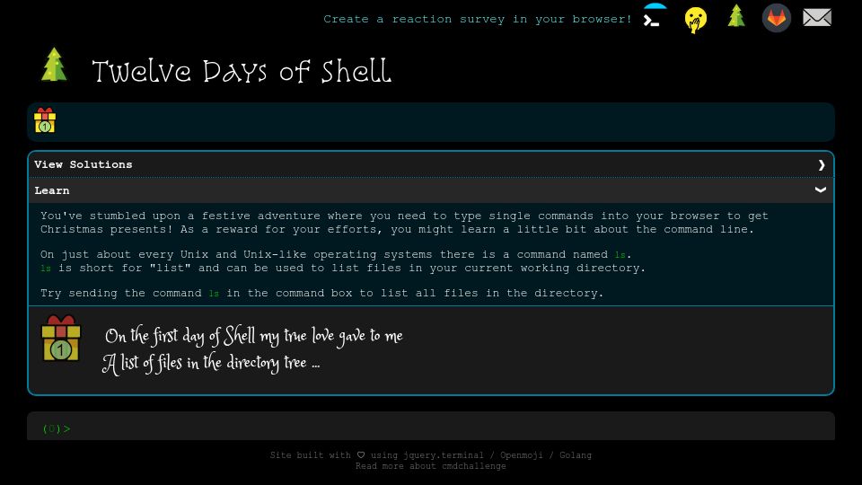 Screenshot of 12days.cmdchallenge.com: Twelve Days of Shell