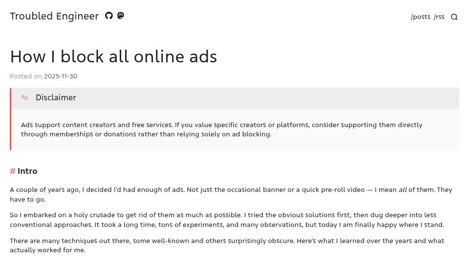 Screenshot of troubled.engineer: How I block all online ads