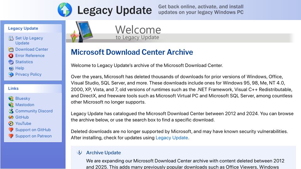 Screenshot of legacyupdate.net: Microsoft Download Center Archive