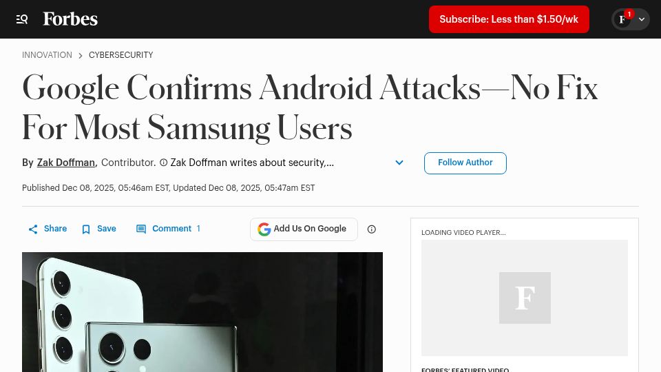 Screenshot of forbes.com: Google confirms Android attacks; no fix for most Samsung users