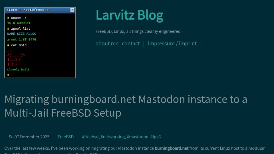 Screenshot of blog.hofstede.it: Migrating Burningboard.net Mastodon Instance to a Multi-Jail FreeBSD Setup