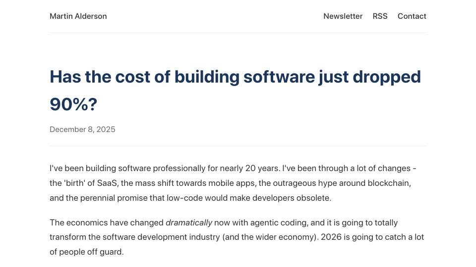 Screenshot of martinalderson.com: Has the cost of building software dropped 90%?