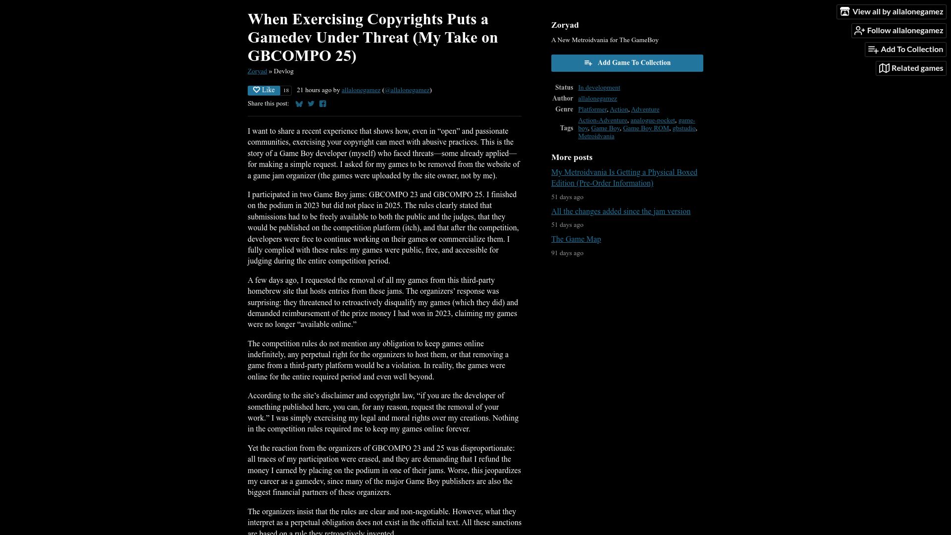 Screenshot of allalonegamez.itch.io: When exercising copyrights puts a gamedev under threat: My take on GBCOMPO 25