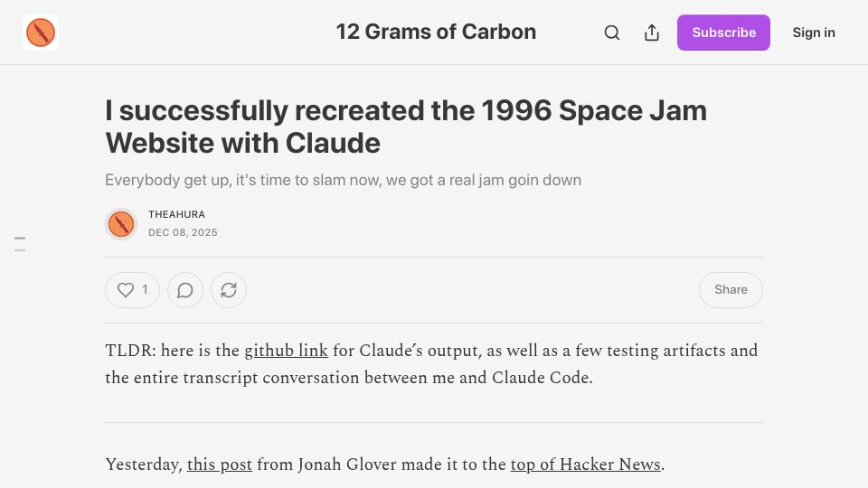 Screenshot of theahura.substack.com: I successfully recreated the 1996 Space Jam website with Claude