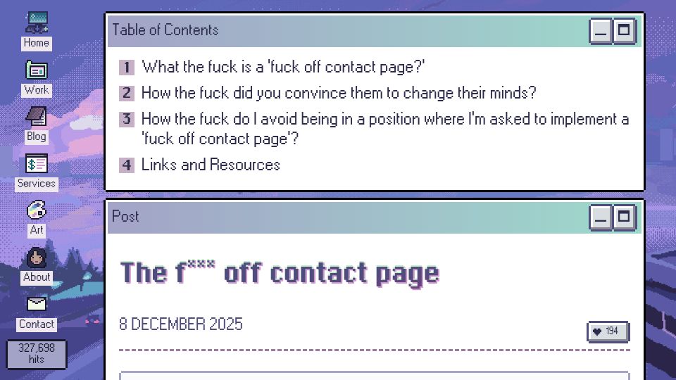 Screenshot of nicchan.me: The fuck off contact page