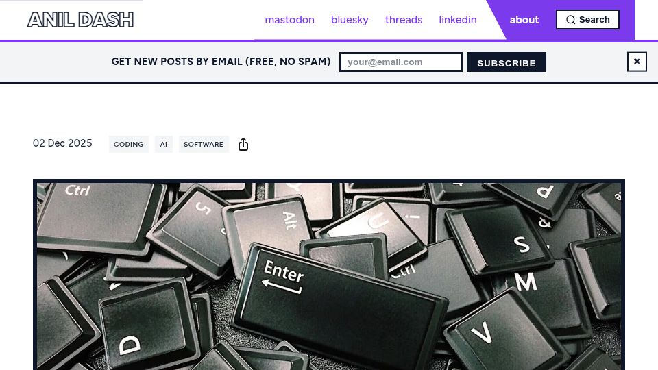 Screenshot of anildash.com: Vibe Coding: Empowering and Imprisoning