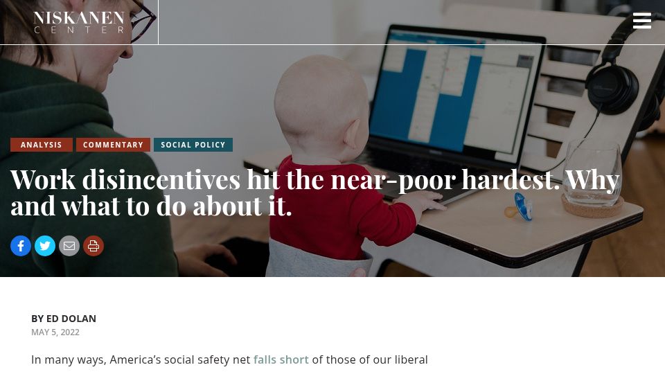 Screenshot of niskanencenter.org: Work disincentives hit the near-poor hardest (2022)