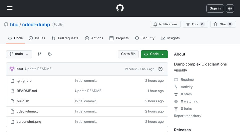 Screenshot of github.com: Show HN: Cdecl-dump - represent C declarations visually