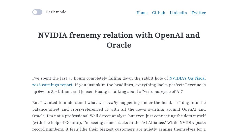 Screenshot of philippeoger.com: Deep dive on Nvidia circular funding