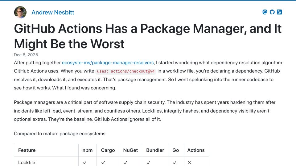Screenshot of nesbitt.io: GitHub Actions has a package manager, and it might be the worst