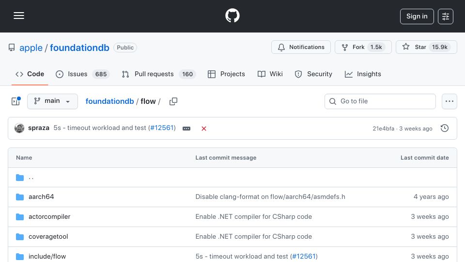 Screenshot of github.com: Flow: Actor-based language for C++, used by FoundationDB