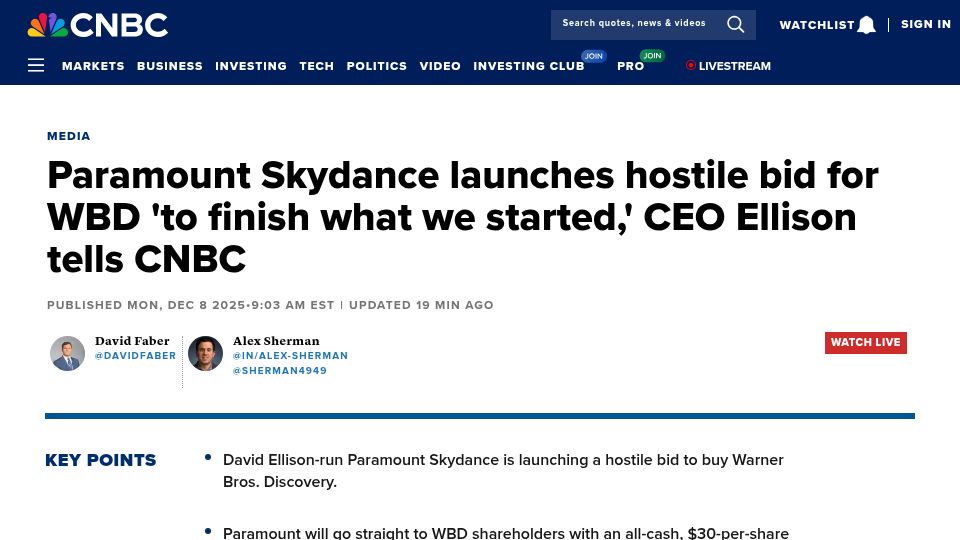 Screenshot of cnbc.com: Paramount launches hostile bid for Warner Bros
