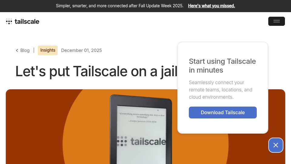 Screenshot of tailscale.com: Let's put Tailscale on a jailbroken Kindle