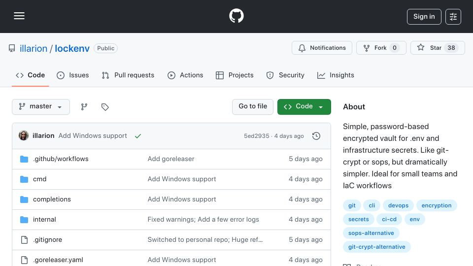 Screenshot of github.com: Show HN: Lockenv – Simple encrypted secrets storage for Git