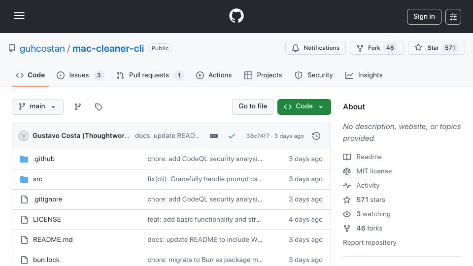Screenshot of github.com: Mac Cleaner CLI: Free and Open Source Mac Cleanup Tool