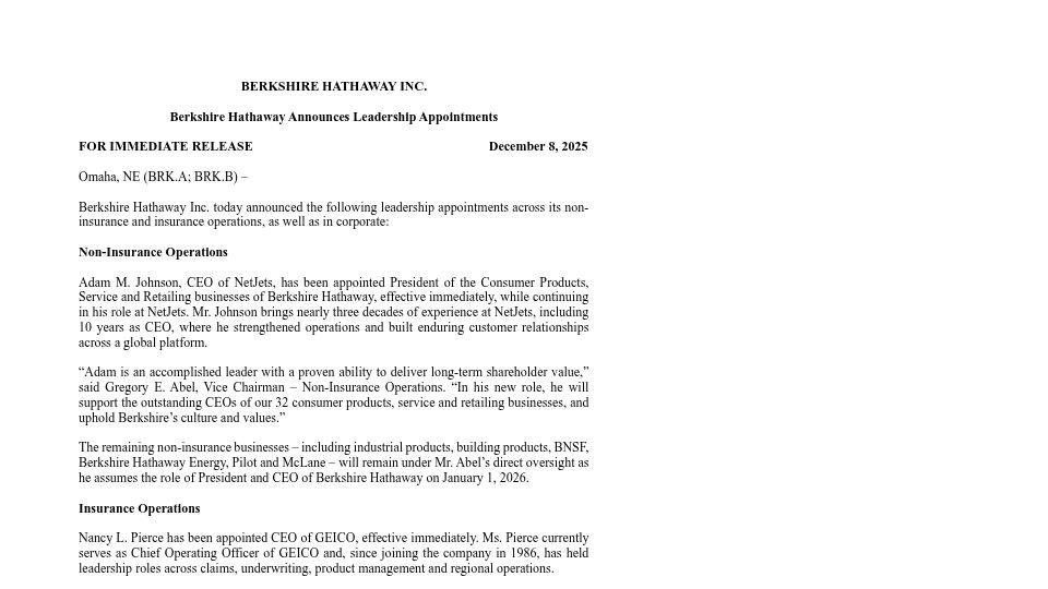 Screenshot of berkshirehathaway.com: Berkshire Hathaway Announces Leadership Appointments [pdf]
