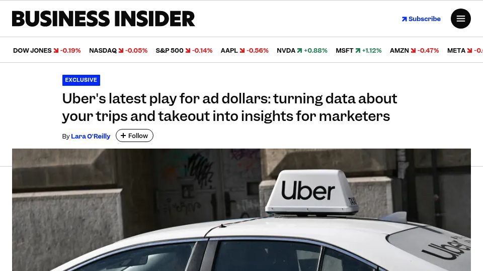 Screenshot of businessinsider.com: Uber is turning data about trips and takeout into insights for marketers