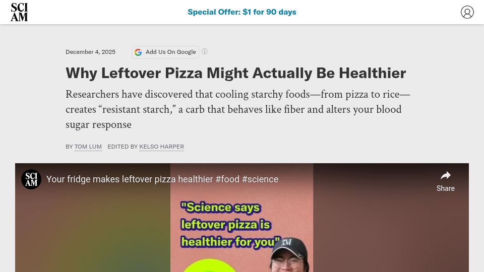 Screenshot of scientificamerican.com: Why Leftover Pizza Might Be Healthier