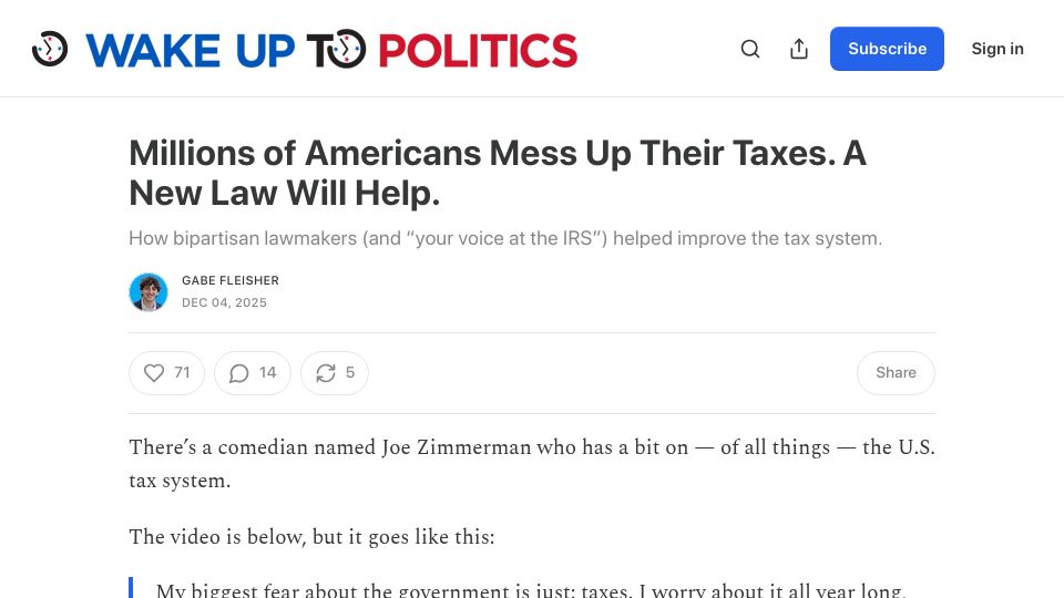 Screenshot of wakeuptopolitics.com: Millions of Americans mess up their taxes, but a new law will help