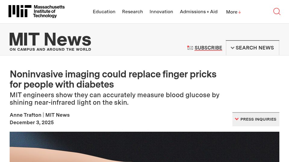 Screenshot of news.mit.edu: Noninvasive imaging could replace finger pricks for measuring blood glucose