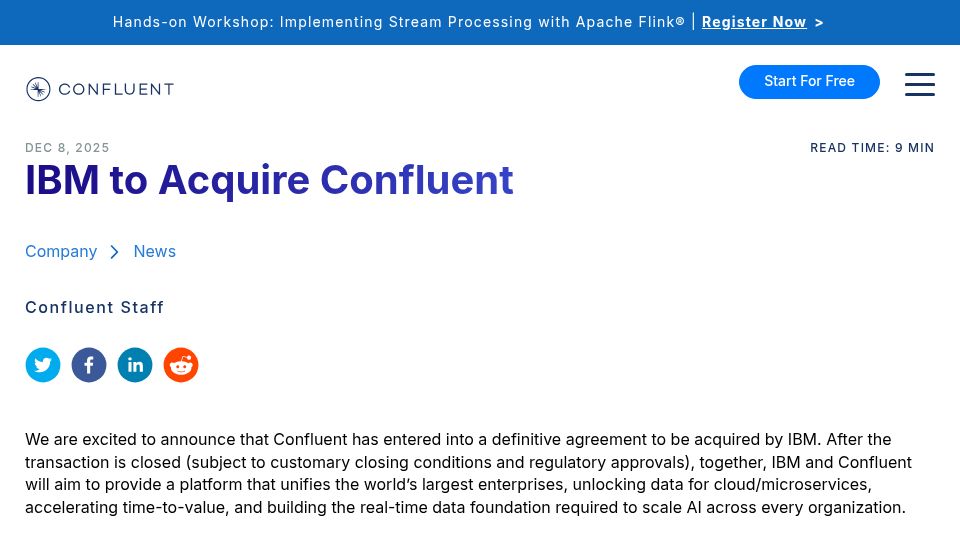 Screenshot of confluent.io: IBM to acquire Confluent