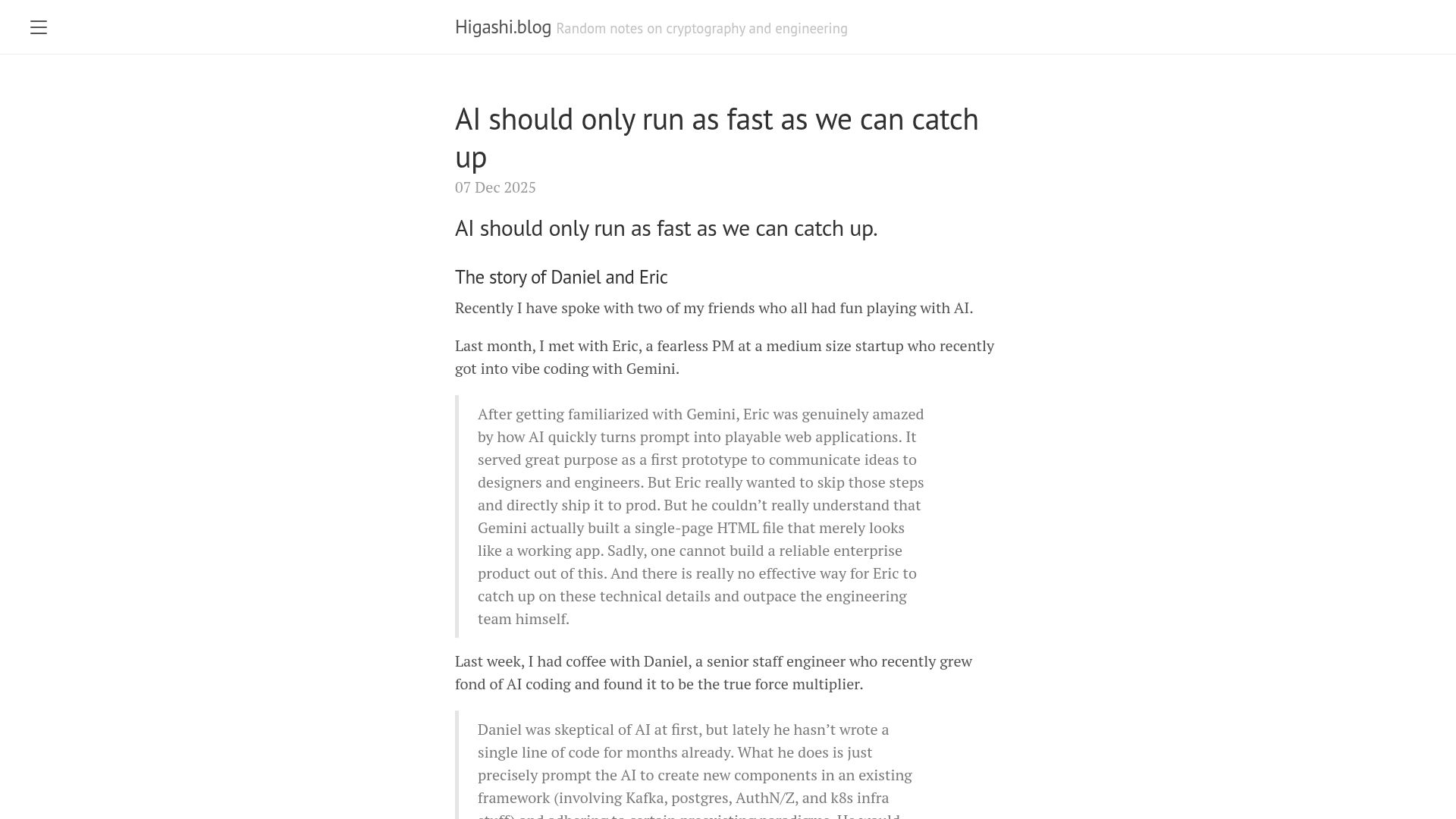 Screenshot of higashi.blog: AI should only run as fast as we can catch up