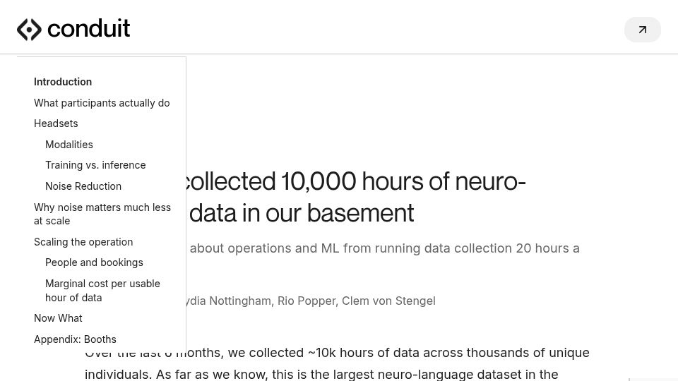 Screenshot of condu.it: We collected 10k hours of neuro-language data in our basement