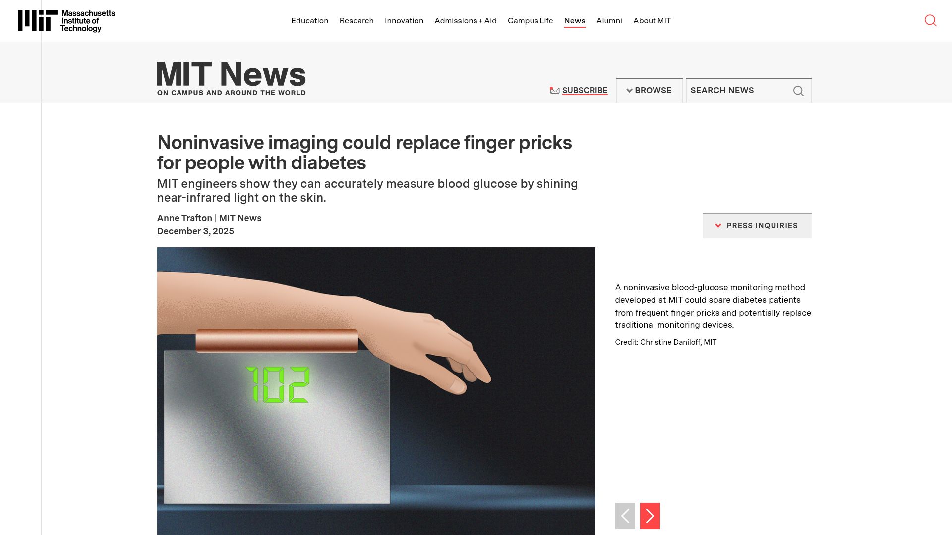 Screenshot of news.mit.edu: Noninvasive imaging could replace finger pricks for measuring blood glucose