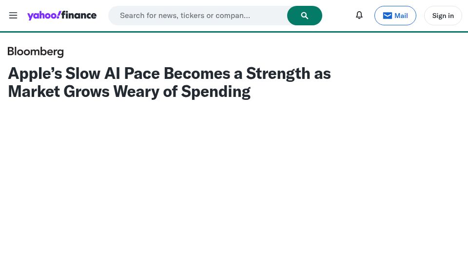 Screenshot of finance.yahoo.com: Apple's slow AI pace becomes a strength as market grows weary of spending