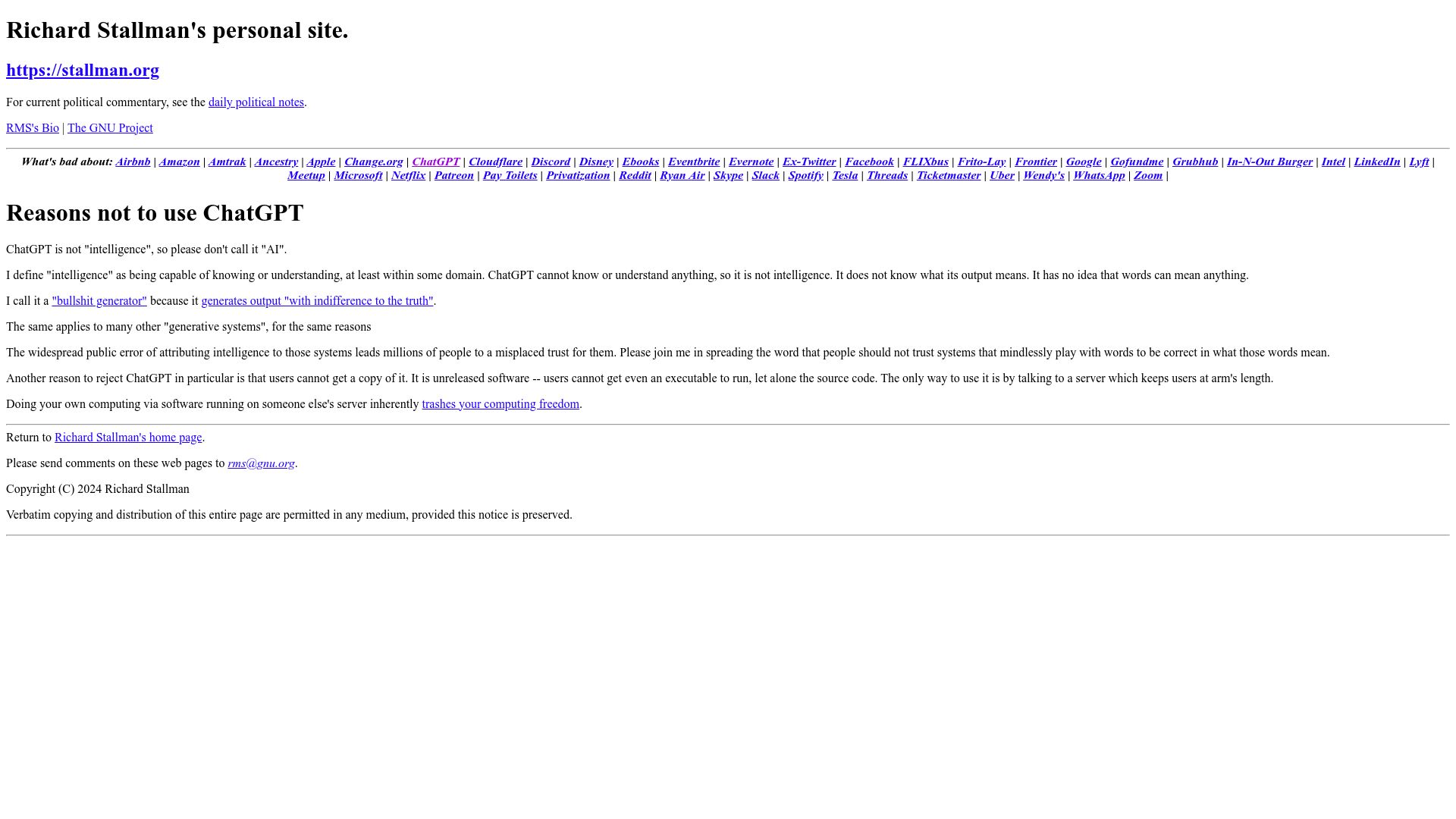 Screenshot of stallman.org: Richard Stallman on ChatGPT