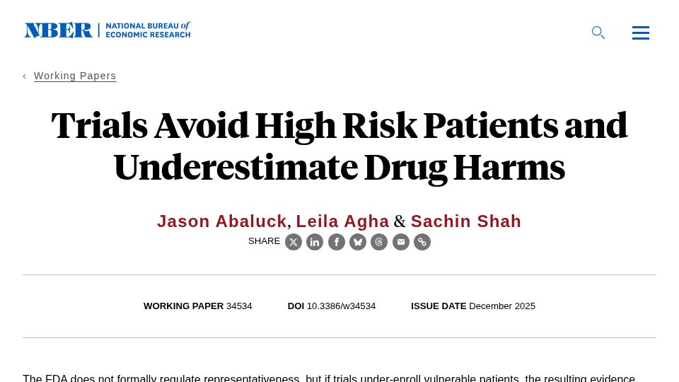 Screenshot of nber.org: Trials avoid high risk patients and underestimate drug harms