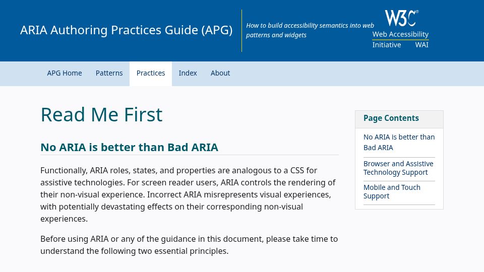 Screenshot of w3.org: No ARIA is better than bad ARIA