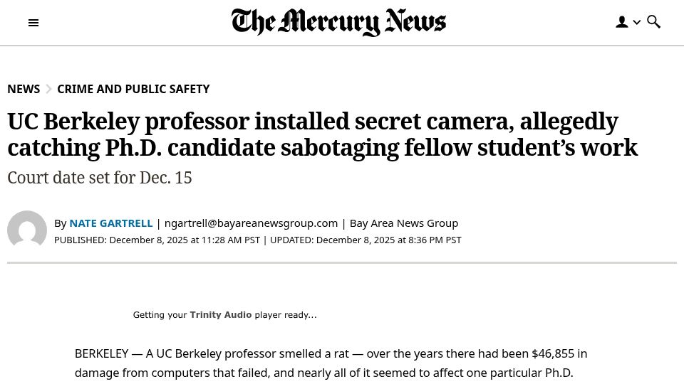 Screenshot of mercurynews.com: Berkeley professor's camera caught student allegedly sabotaging another student